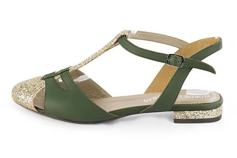 Gold and forest green women's open back T-strap shoes. Round toe. Flat block heels. Profile view - Florence KOOIJMAN